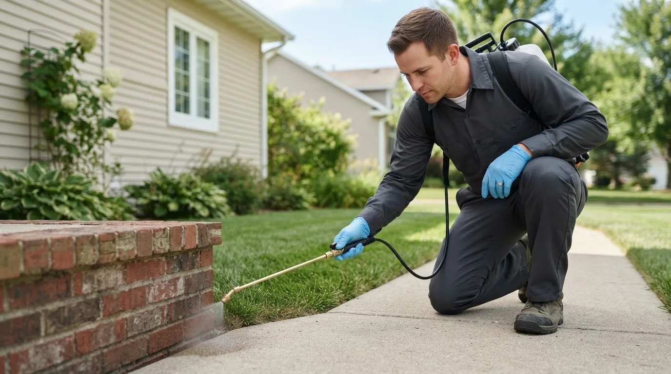 Pest control technician treating a home near Russells Point, OH