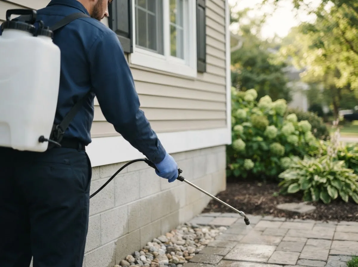 Pest control technician inspecting a home in Russells Point, OH
